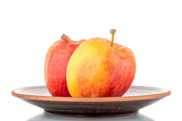 Two juicy red apples on a clay dish, close-up, isolated on white.