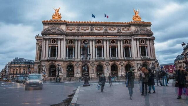 Timelapse of the Palais or Opera Garnier and The National Academy of Music in Paris, France. 