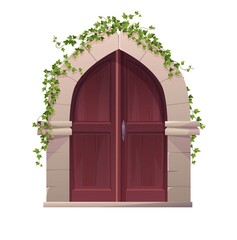 Antique medieval wooden door with handle, arch and ivy plant. Entrance, gate in a castle, church or house.