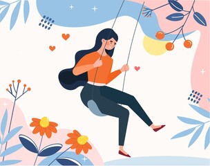 Time for yourself. Girl swinging on swing, character resting after hard day at work. Woman going with thoughts, pensive person. Solving psychological problems. Cartoon flat vector illustration
