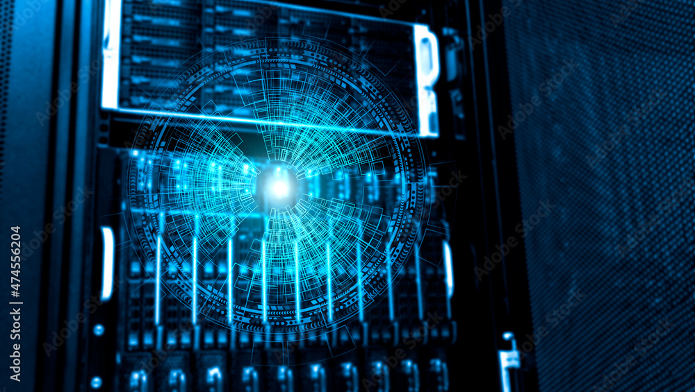 Poster 3d render hologram against the background of a supercomputer cluster, the concept of information tec