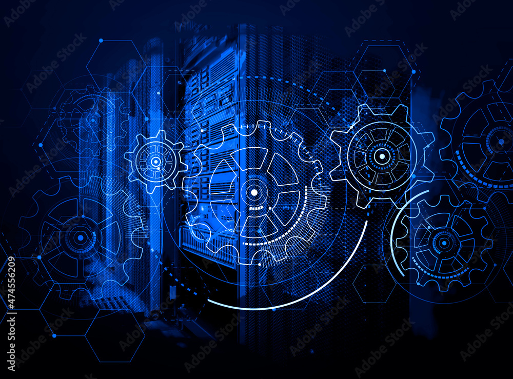 Poster 3d render hologram against the background of a supercomputer cluster, concept of information technol