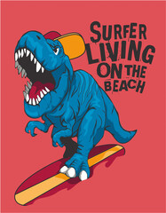 Cool Surfer dinosaur on surfboard. T shirt vector design