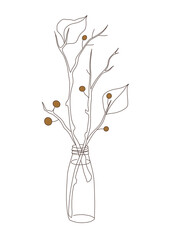 Glass vase with branches, leaves and berries. Modern lineart illustration on white background - 474556667