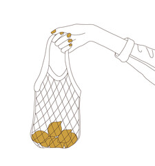 Woman's hand holding a bag of lemons. Modern lineart illustration on white background - 474556669