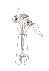 Glass vase with flowers. Modern lineart illustration on white background