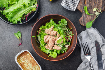 cod liver salad fresh seafood healthy meal diet snack on the table copy space food background rustic