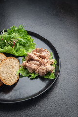 cod liver salad fresh seafood healthy meal diet snack on the table copy space food background rustic