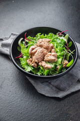 cod liver salad fresh seafood healthy meal diet snack on the table copy space food background rustic