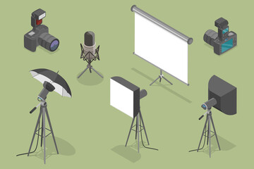 3D Isometric Flat Vector Conceptual Illustration of Video Production Equipment, Professional Photo Studio Hardware