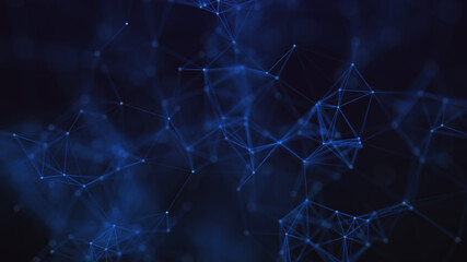 Distribution of triangular shapes in space. The structure of network connections, the connect of points and lines. Abstract science background. 3D rendering.