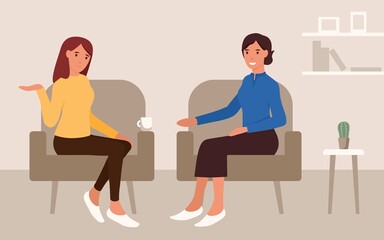 Fototapeta premium Mental treatment problems psychology concept. Young woman talking with a psychologist. Doctor help pattient. Psychological counseling and therapy. Couch consultation. Vecotor flat illustration.
