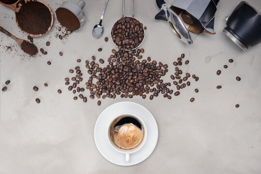 Background with assorted coffee, coffee beans, Cup of black coffee, Coffee maker equipment © feliteodor