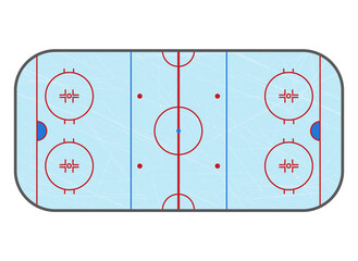 Ice hockey rink. Top view arena with scratches. Blue ice texture. Vector illustration