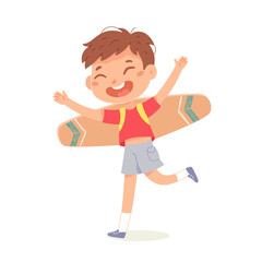Kid playing with cardboard plane to, cute boy flying with craft wings, airplane travel
