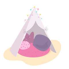 Empty blanket fortress, tent or homemade teepee at home, cute tipi with toy and pillows