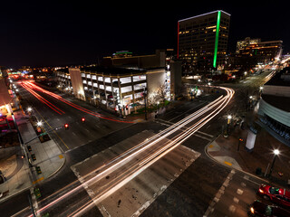 Fototapeta na wymiar Downtown Boise at night with streaking car light