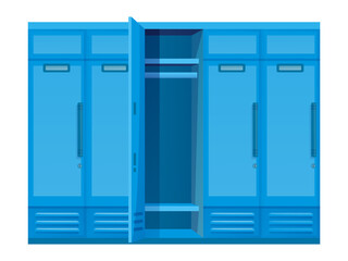 Blue locker, closed cabinet with locks on doors for storage of clothes in gym, school