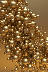 3D golden liquid beautiful bubbles floating in air. Concept for holiday template. Vertical design, festive gold poster