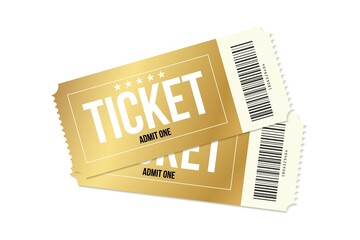 Two cinema golden tickets. Gold movie or theatre coupons. Two realistic vector ticket template