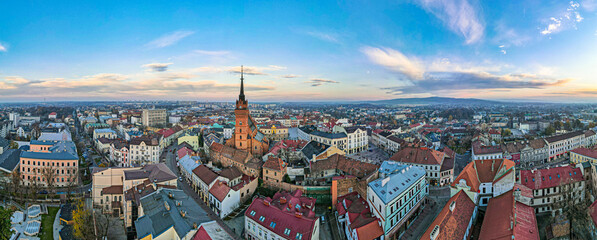 Panoramic Skyline of Tarnow Old Town in Lesser Poland. Aerial Drone View at Sunset