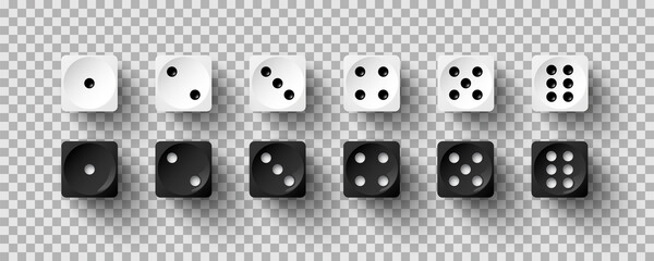 Fototapeta Dice game with white and black cubes, 3d realistic gambling objects to play in casino obraz