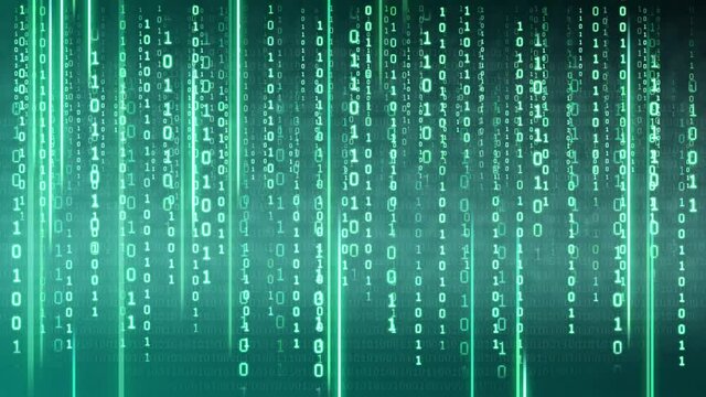 Binary code on a dark background. Abstract animated background from particles of a computer program. Hacker attacks and cyber security concept.