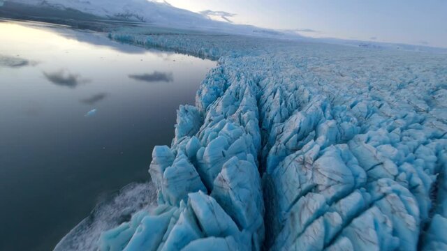 FPV Aerial view of Jokursalon Glacier lagoon. Glacier skaftafell, Vatnaj&ouml;kull National Park. Iceland.