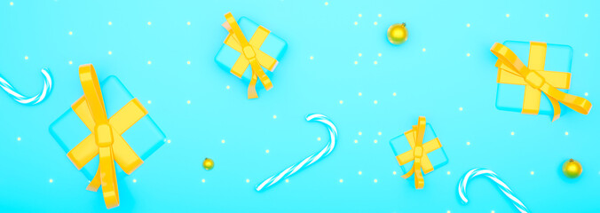 Web banner with present boxes and lolipop on blue background. Creative marketing concept. 3D rendering.