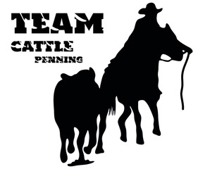 Black and white vector flat illustration: team cattle penning western rodeo discipline