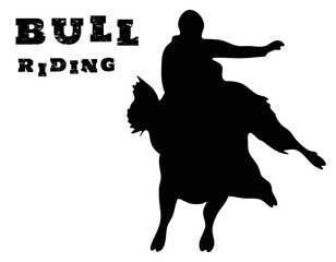 Black and white vector flat illustration: Bull riding rodeo discipline