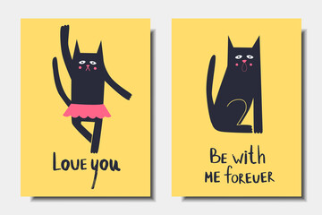 Set of cards for valentine's day. Cute cat in a skirt. The cat is sitting. Vector illustration.