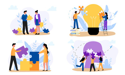 Fototapeta na wymiar People connecting puzzle pieces, help each other, collaborate together, find solution. Business metaphor of teamwork make task. Problem solving abstract concept. Flat vector illustration