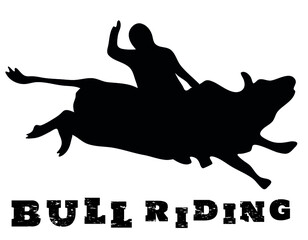 Black and white vector flat illustration: Bull riding rodeo discipline