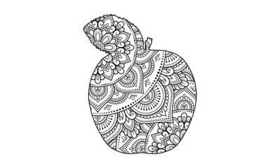 Apple with mandala. Coloring page for adult and older children. Hand drawn vector illustration