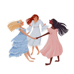 Happy cartoon people doing round dance together. Women dancing in circle while holding hands flat vector illustration. International communication, friendship concept for banner or landing web page