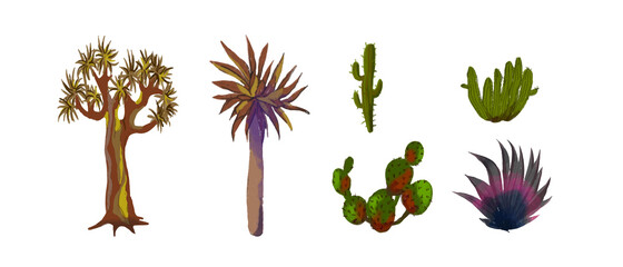 Desert trees, agave, stones and cactuses isolated. Vector