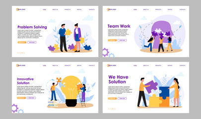 Obraz na płótnie Canvas People connecting puzzle pieces, help each other, collaborate together, find solution. Business metaphor of teamwork make task. Problem solving abstract concept. Flat vector illustration
