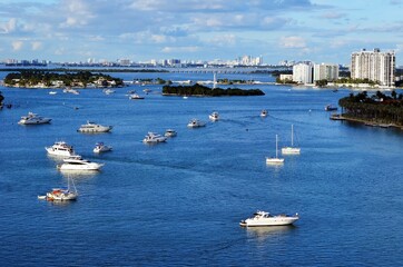 Saturday morning boat traffic on Biscayne Bay in. `Miami Beach,Florida