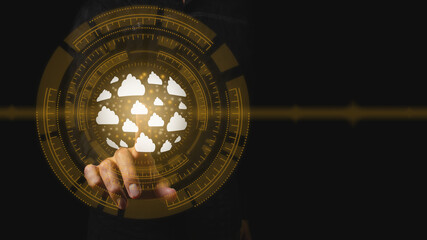 The hand of a businessman chooses a cloud computing. The concept of secure storage of information on the Internet.	