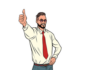 Like the thumbs up gesture, approval is good the businessman is happy