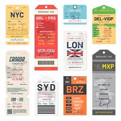 Baggage tags and travel tags. Luggage tags and labels for airport passengers. Set of luggage labels and stickers for travelers - 474564202