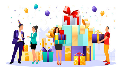 Office celebration party. People give gifts, talk to each other, drink. Corporate event decorated balloons, confetti, stack of big present boxes with ribbon bows, white background. Vector illustration
