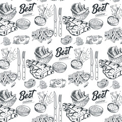 Hand drawn meat, steak, beef and pork, lamb seamless pattern. Vintage design template, banner. Vector.