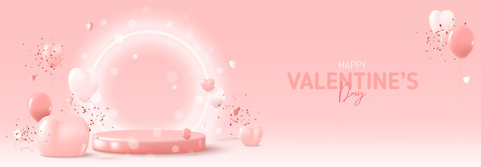 Happy Valentine s Day holiday banner. Greeting background with abstract 3d composition for Valentine s Day. Vector illustration with hearts, balloons and confetti on podium with neon circle. - obrazy, fototapety, plakaty