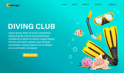Yellow flippers or fins, underwater mask, coral, tropical fish, seashell, bubbles on blue background. Underwater snorkeling equipment. Scuba diving club banner, poster, billboard. Vector illustration © GN.STUDIO