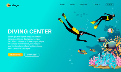Divers with aqualungs in special underwater equipment explore beautiful coral reef, look colorful fishes. Oxygen tank, mask, flippers on swimming frogman. Scuba diving club banner. Vector illustration © GN.STUDIO