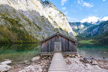 Beautiful view of a boathouse at Obersee - Schönau, Germany