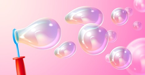 Blowing soap bubbles. Realistic childish play. Flying isolated transparency balls. Blow ring and shampoo iridescent rainbow light 3D spheres. Baby game with foamy liquid. Vector concept