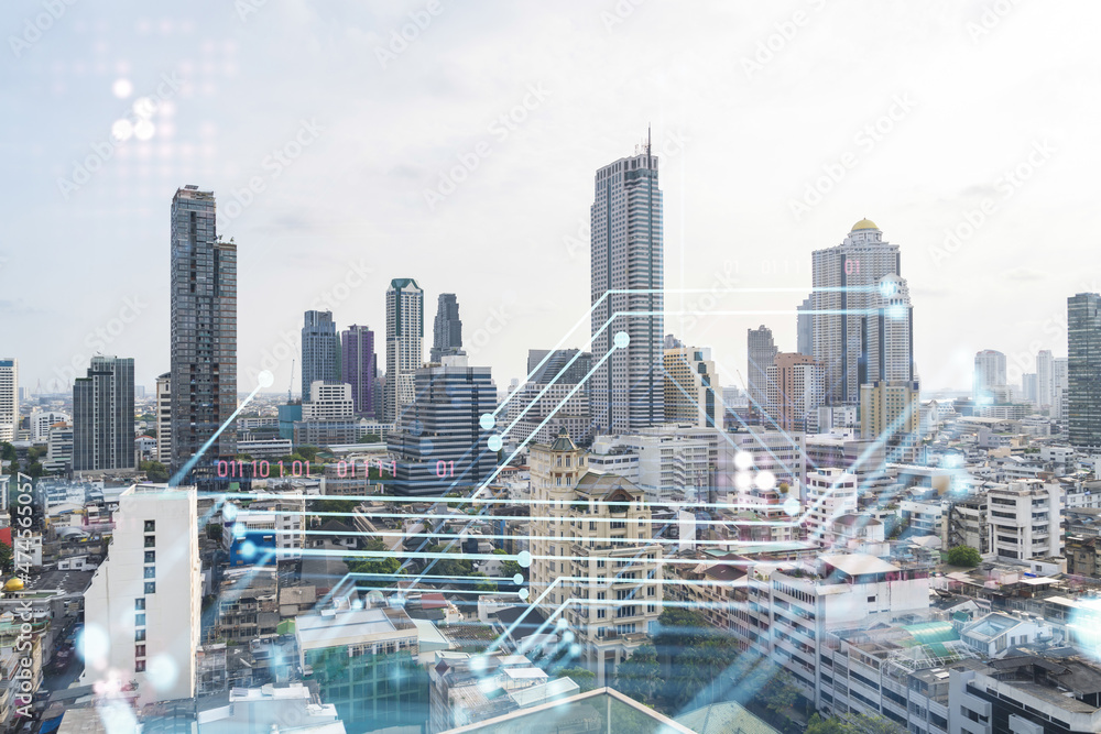Aufkleber technology hologram over panorama city view of bangkok. the largest tech hub in southeast asia. the 